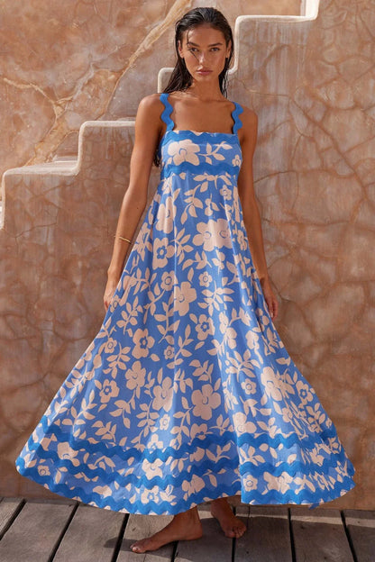 Floral Print Wavy Dress for Women - Stylish A-Line Beach Fashion with Vibrant Floral Pattern