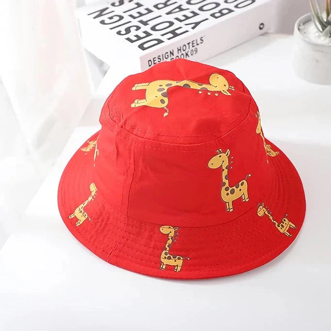 Colorful cartoon giraffe bucket hats for children aged 1 to 5 years, with adjustable straps and durable polyester material