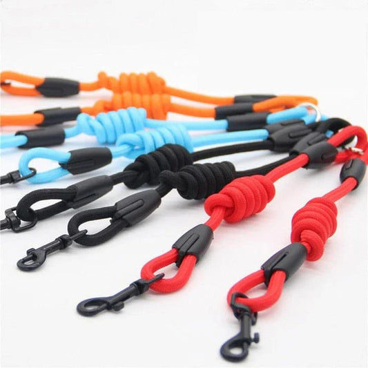 Durable nylon dog training rope with adjustable length and width options in blue, black, red, and orange colors