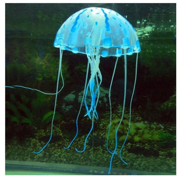 Glowing artificial jellyfish decoration with pulsing silicone tentacles and a fluorescent powder glow, ideal for aquariums and water features