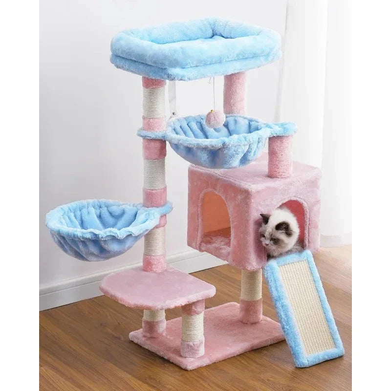 A multi-level cat tree tower with padded beds, hammocks, and sisal-wrapped scratching posts for indoor cats to play, rest, and scratch