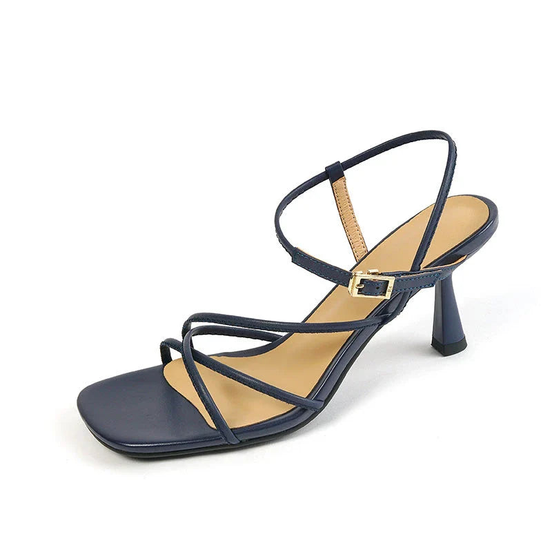 Elegant square high heel sandals for women in beige color with a stylish buckle closure and a cushioned insole for comfort