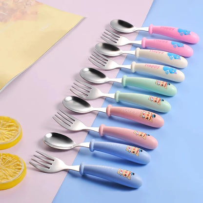 Charming cartoon-designed stainless steel toddler cutlery set with spoon and fork, perfect for mealtimes and self-feeding