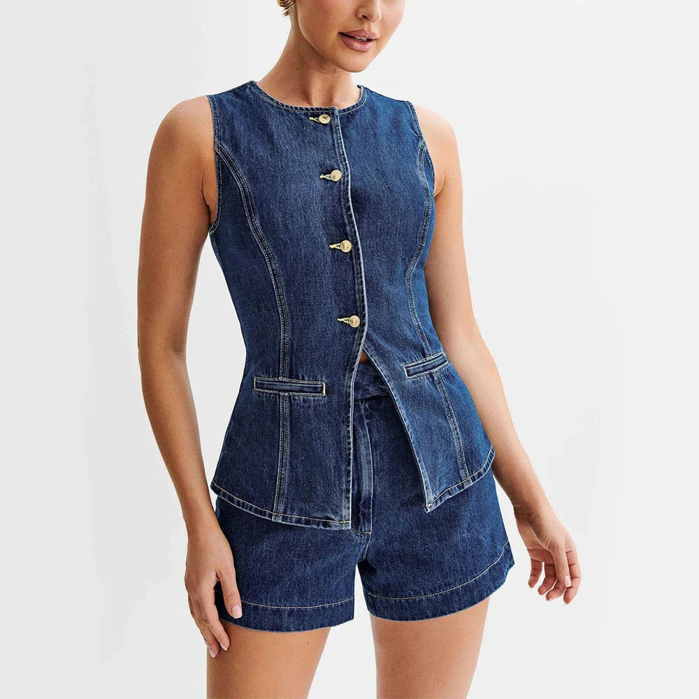 Sleeveless denim button-up top and high-waisted shorts set for women's summer fashion
