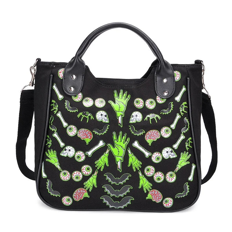 Chic spooky ghost print canvas tote bag with adjustable shoulder strap and zippered closure