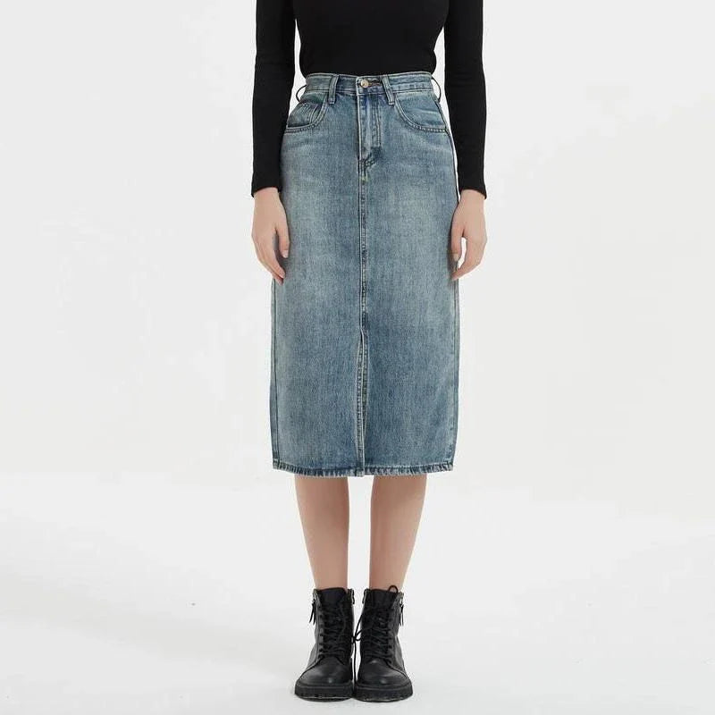 Chic and Comfortable High-Rise Denim Pencil Skirt with Flattering High-Waist Design and Versatile A-Line Silhouette