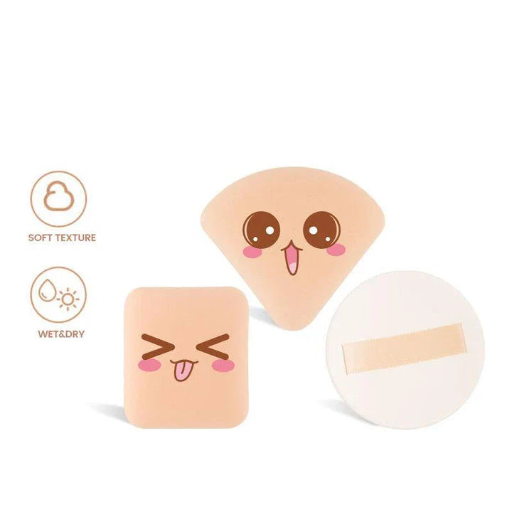 A set of three makeup sponges in round, rectangle, and triangle shapes for precise, flawless makeup application