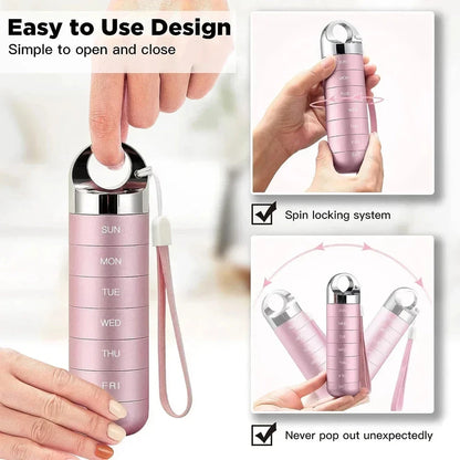 A high-quality, waterproof metal weekly pill box organizer with spacious compartments for managing medications on the go