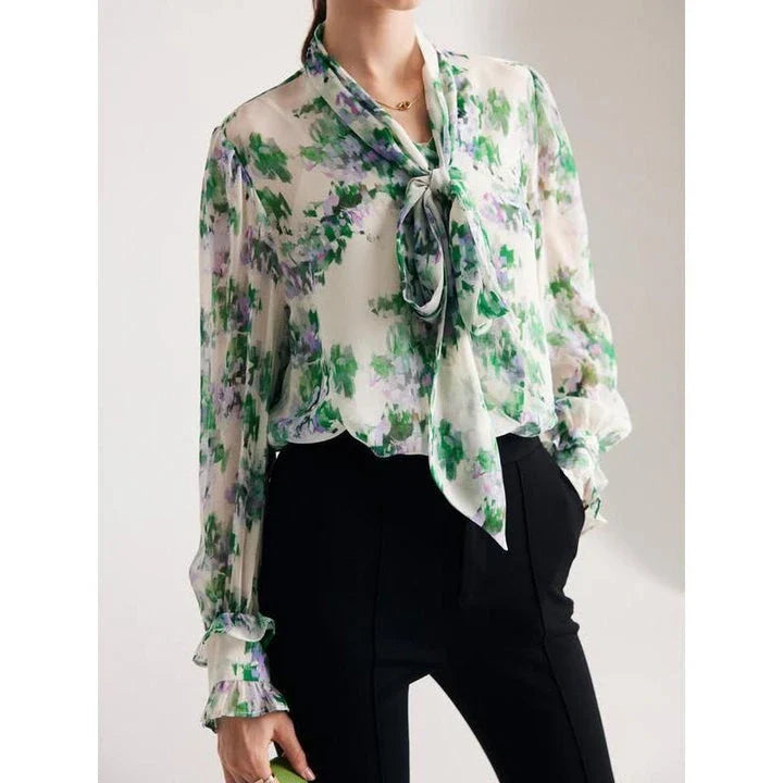 Elegant floral silk-blend bow collar blouse for professional women with a comfortable and flattering fit