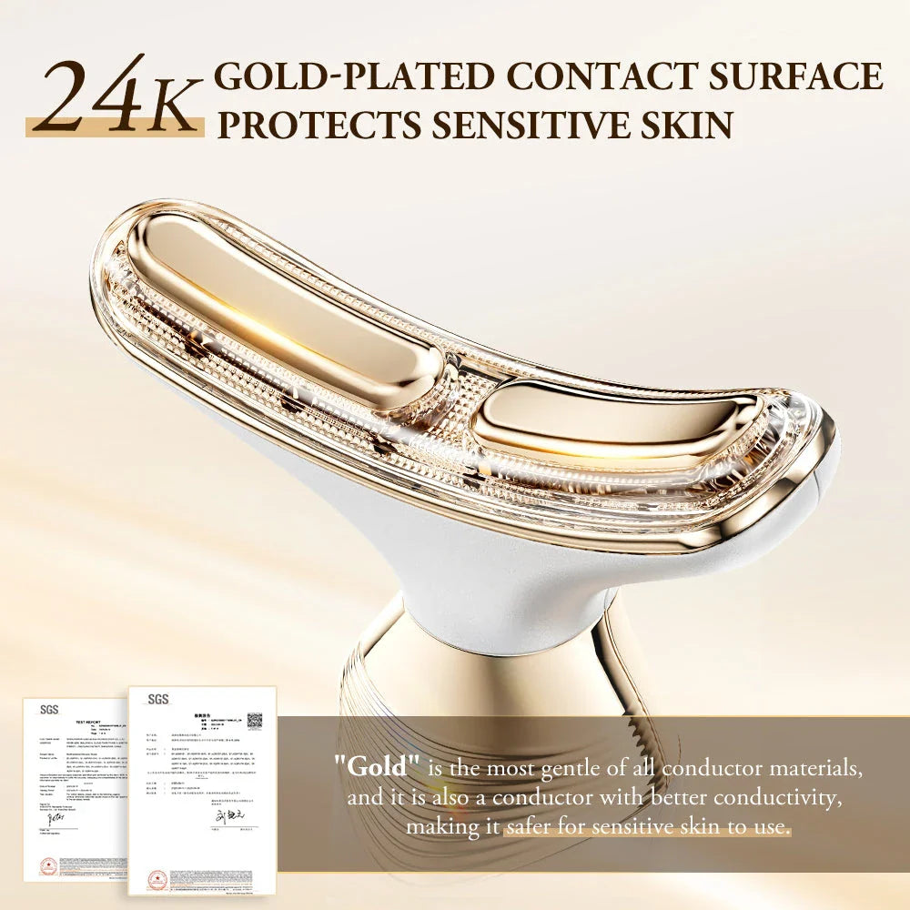 Dual Polar Neck & Face Lifting Device with 24K gold-plated contacts, multi-color phototherapy, and adjustable EMS settings for skin rejuvenation.