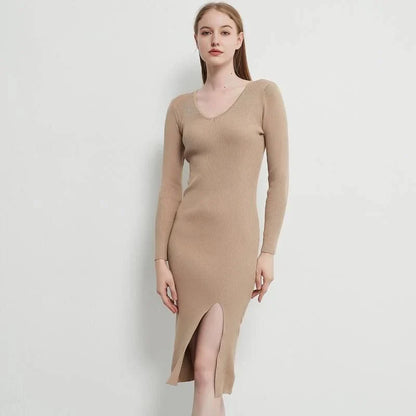 Elegant knitted midi dress in beige, black, and brown colors with lace-up details for modern sophistication