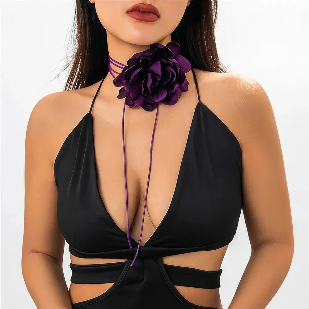 Elegant Rose Flower Statement Choker Necklace for Women - Premium French Velvet, Adjustable Fit, Bold Floral Pendant