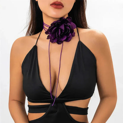 Elegant Rose Flower Statement Choker Necklace for Women - Premium French Velvet, Adjustable Fit, Bold Floral Pendant