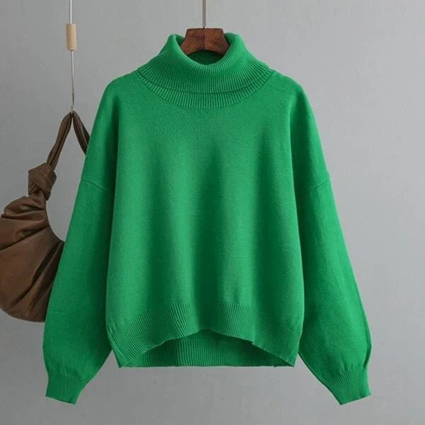 Chic and cozy oversized turtleneck sweater for women in a solid color, perfect for cold weather fashion and style