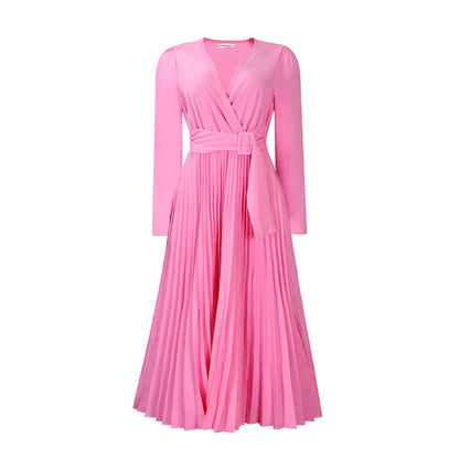 Luxurious long sleeve pleated Africa dress with lace-up neckline, available in multiple colors and sizes