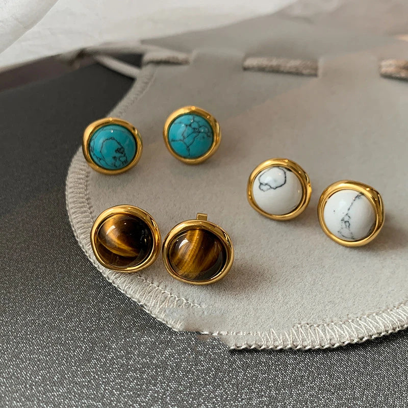 Chic marble-colored tiger eye retro earrings with geometric patterns and a removable upper round design