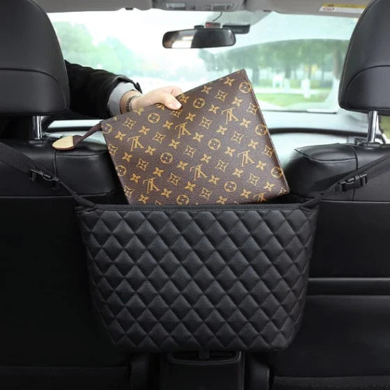 Quilted polyurethane leather car storage bag with adjustable straps for securing to front headrests