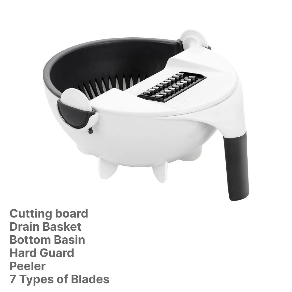 Multifunctional 2-in-1 Vegetable Slicer and Fruit Strainer with slicing disc, grater, and spiralizing accessories