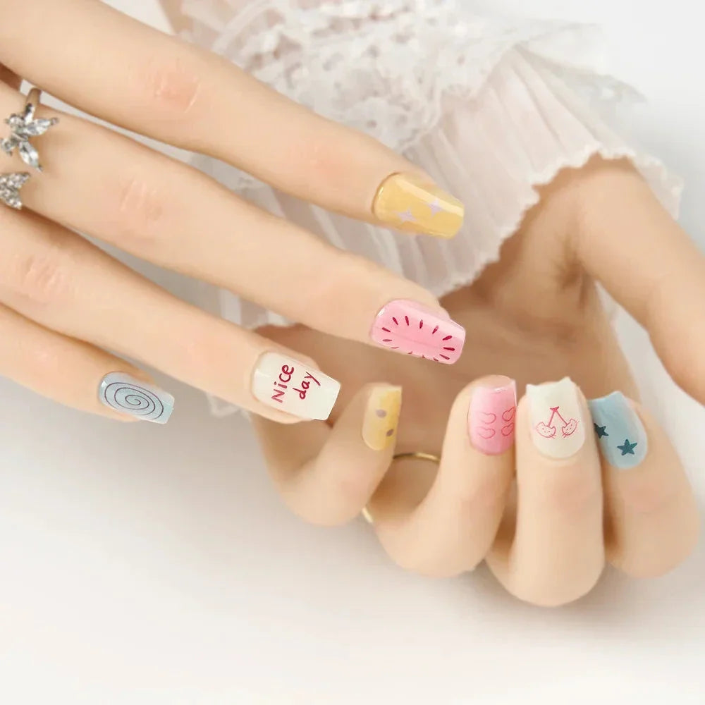 10-Piece Cute Cat & Star French Tip Press-On Nails with Glossy Gradient Finish