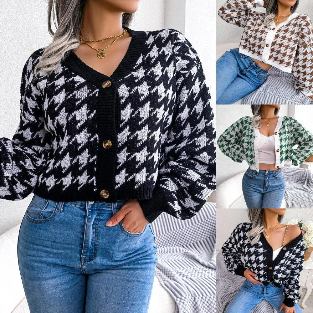 Cozy and stylish thousand birds pattern cardigan sweater with lantern sleeves