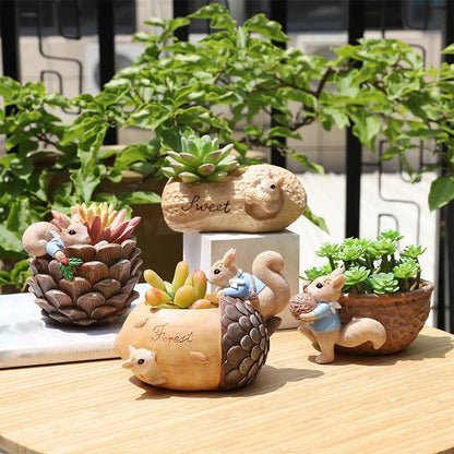 Cartoon squirrel-shaped succulent planter with drainage hole for healthy plant growth