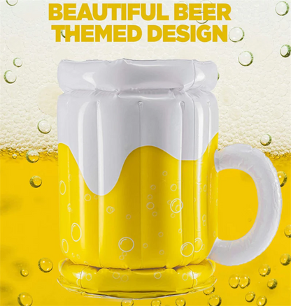 Oversized inflatable beer mug-shaped pool float with built-in cup holder for keeping drinks chilled and secure
