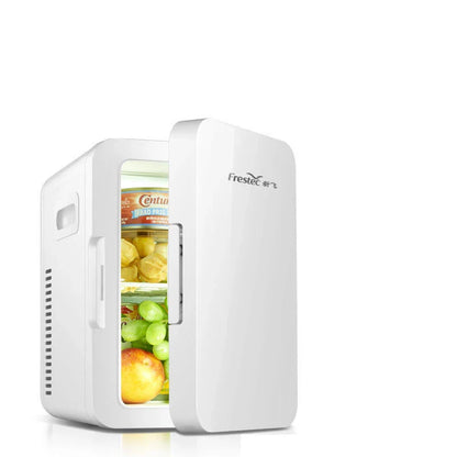 Compact 8L dual-purpose car and home refrigerator in white color, designed for use in bedrooms, dorms, and during travel