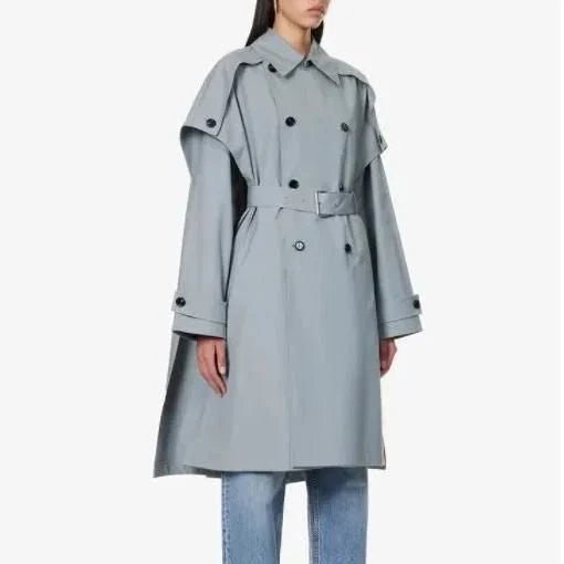Elegant gray blue bat sleeve trench coat with double-breasted design, offering timeless style and modern comfort