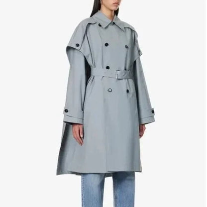 Elegant gray blue bat sleeve trench coat with double-breasted design, offering timeless style and modern comfort
