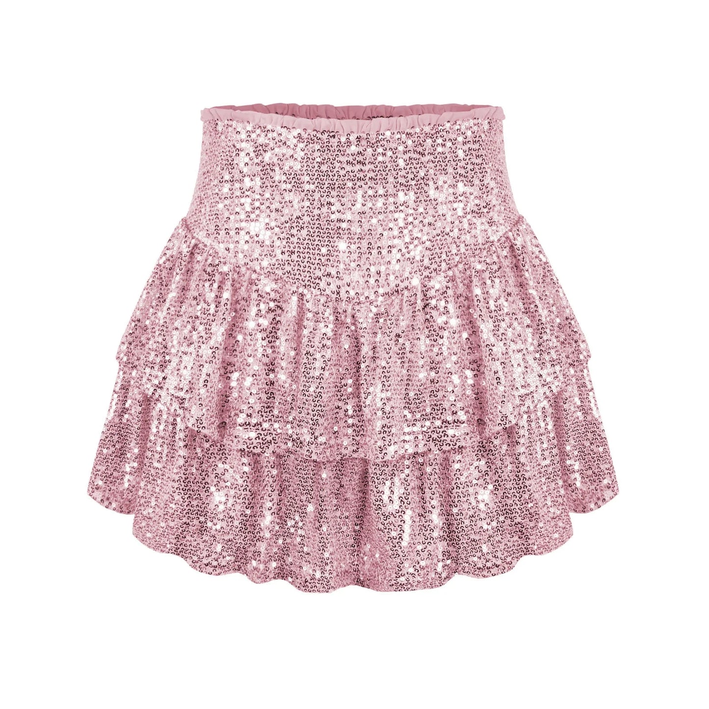 A shimmering sequin-embellished pleated skirt in a stylish rose red color, perfect for party nights and special occasions.