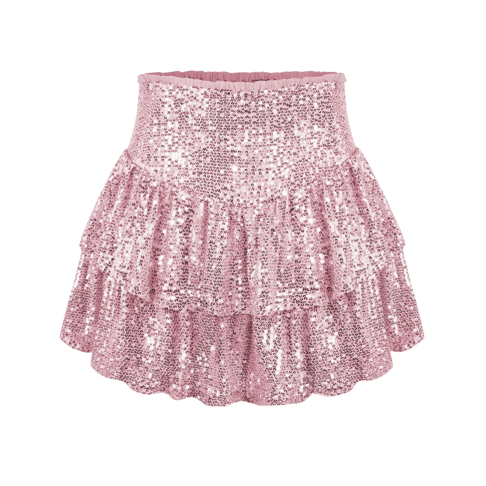 A shimmering sequin-embellished pleated skirt in a stylish rose red color, perfect for party nights and special occasions.