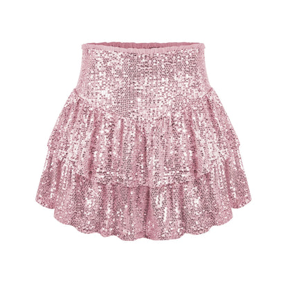 A shimmering sequin-embellished pleated skirt in a stylish rose red color, perfect for party nights and special occasions.