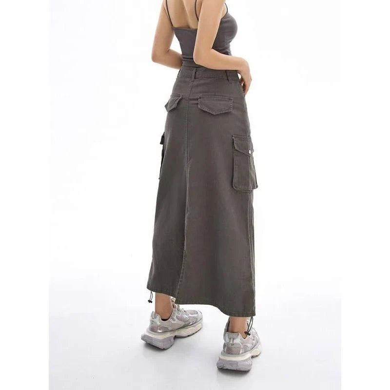 New Cargo Long Skirt - A versatile, mid-calf length skirt with a drawstring waist, pockets, and a flattering A-line silhouette