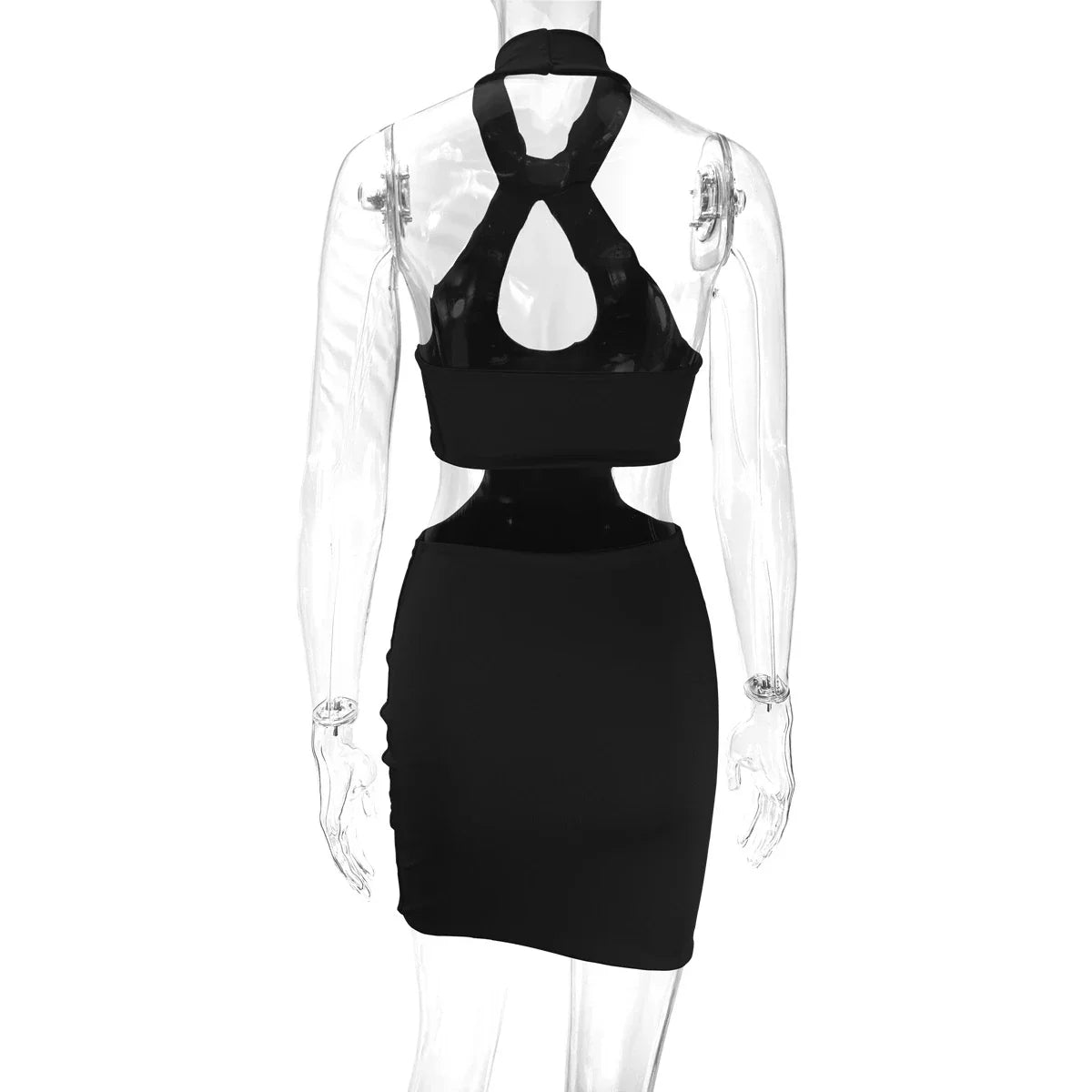 Backless midi skirt with halter neckline and trendy cutouts, available in white, black, and red colors