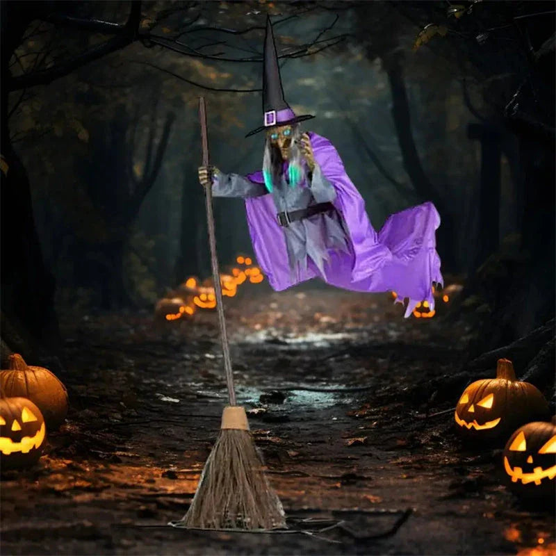 Large 6-foot animated floating witch decoration for outdoor Halloween, with lifelike facial features and flowing purple skirt