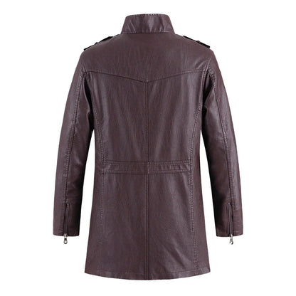 Fashionable standing collar plush leather jacket for men in black, brown, and light brown colors