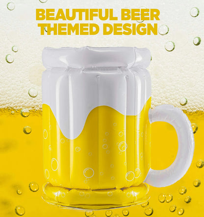 Oversized inflatable beer mug-shaped pool float with built-in cup holder for keeping drinks chilled and secure
