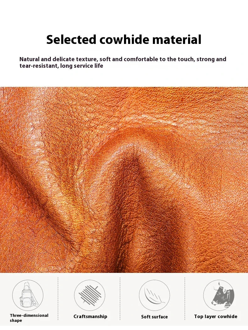 Men's casual first layer cowhide small chest bag in light brown color, featuring a compact and versatile design for everyday use