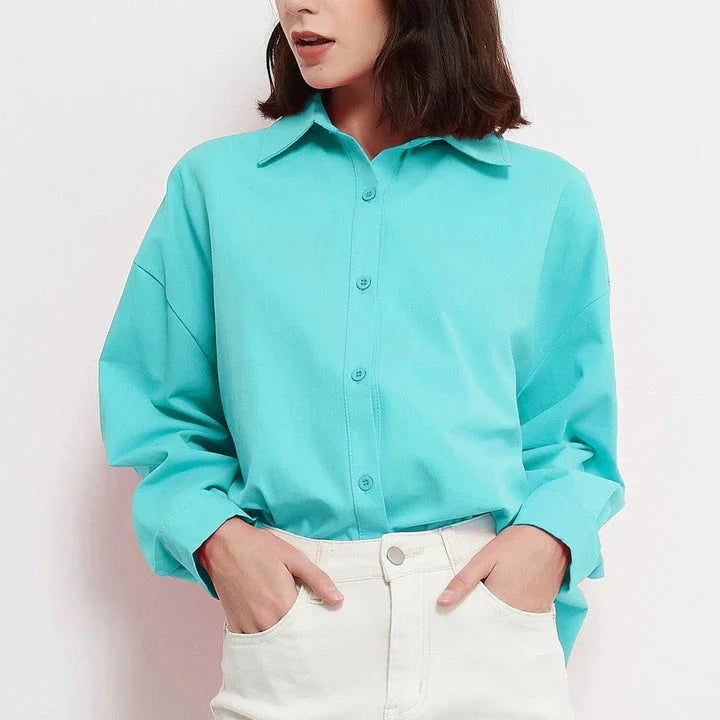 Autumn Rose Red Oversized Casual Blouse with classic turn-down collar and two-button closure