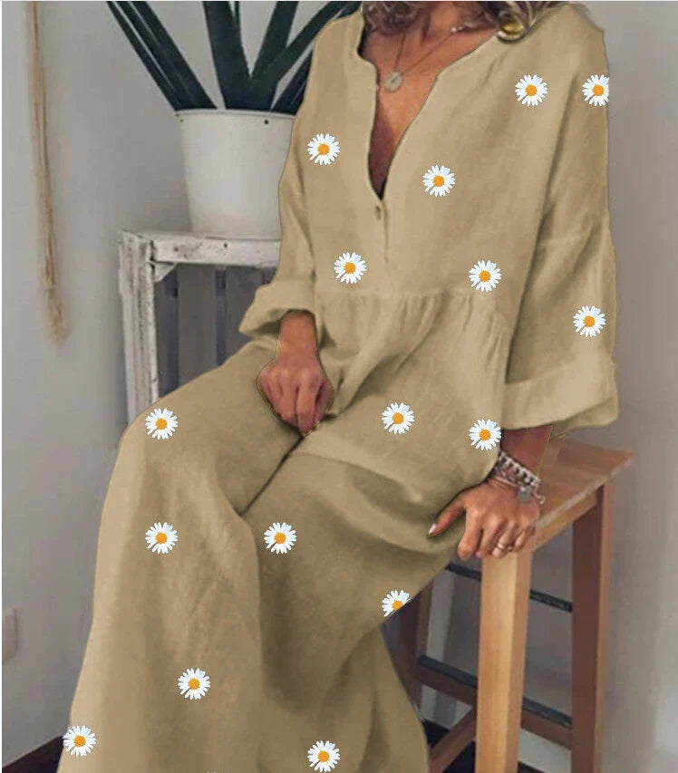 Daisy Print Long Sleeve Loose Dress in Lightblue, featuring a flowing silhouette and delicate floral pattern for a touch of feminine charm.