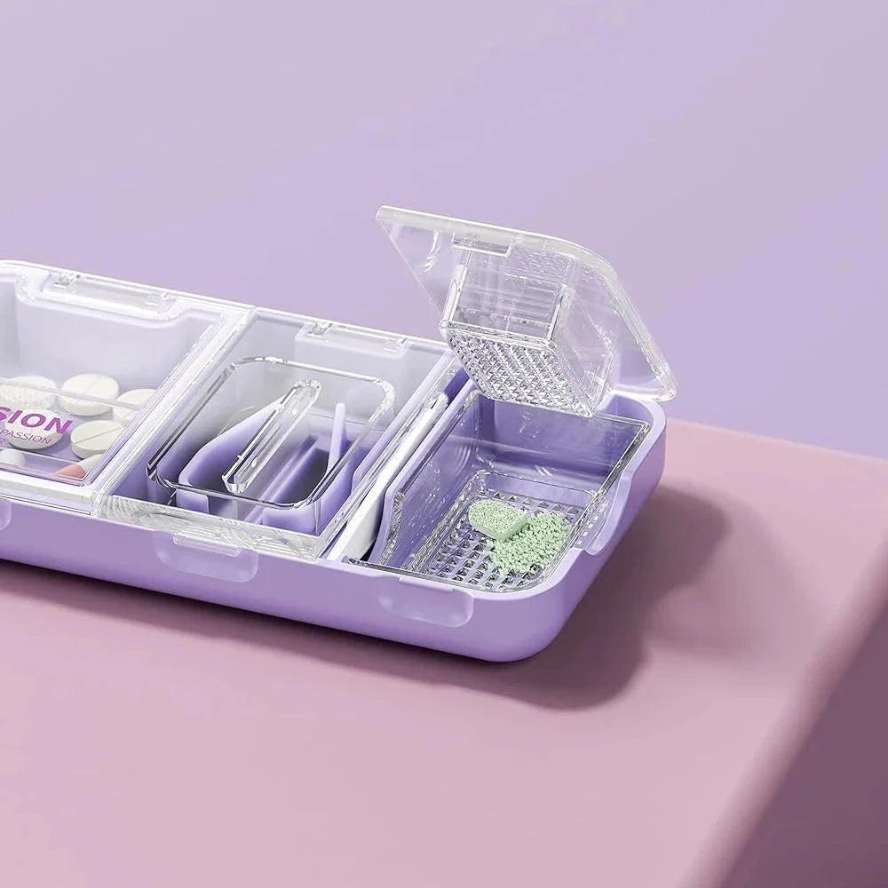 A versatile 3-in-1 pill cutter, crusher, and storage device with a sharp stainless steel blade, anti-slip silicone pad, and moisture-proof storage compartment for seamless medication management.