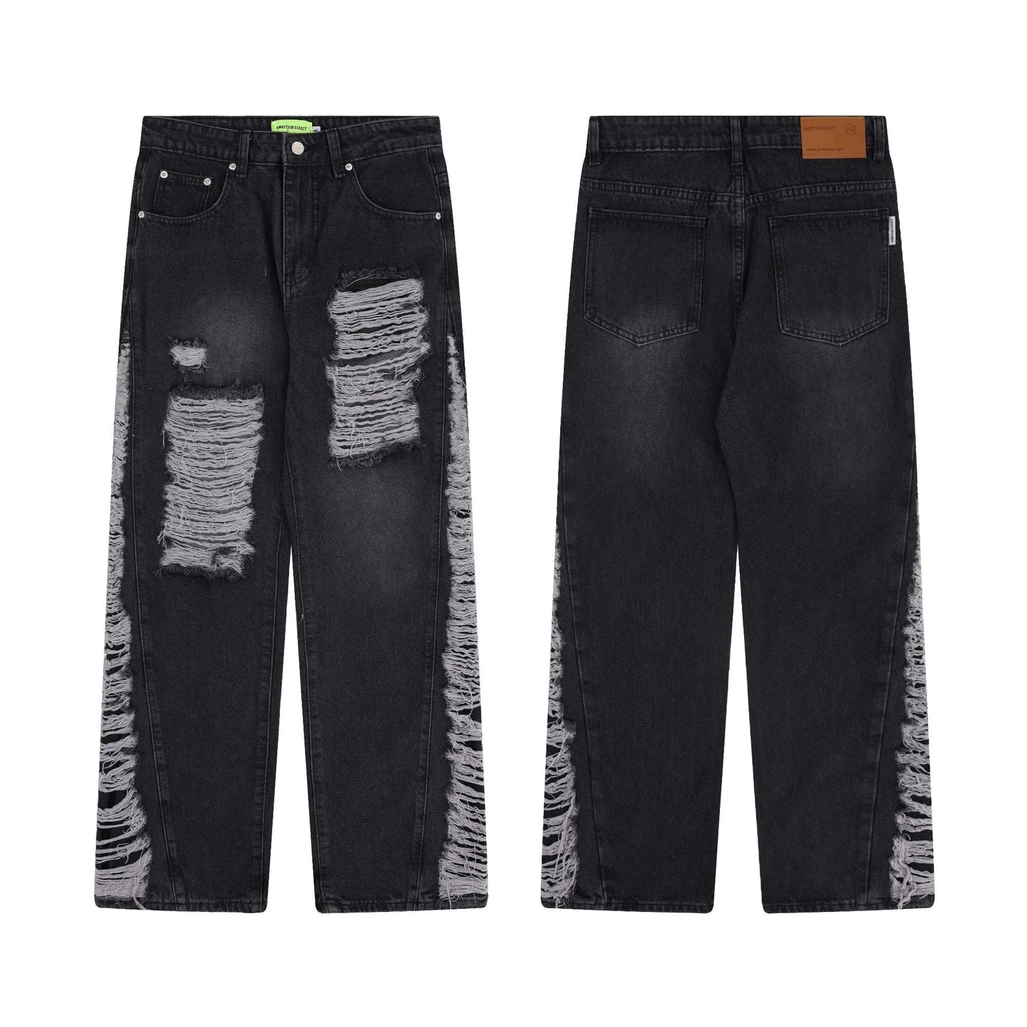 Premium loose fit distressed denim trousers for men and women, featuring a relaxed silhouette, high-quality cotton construction, and trendy distressed details.