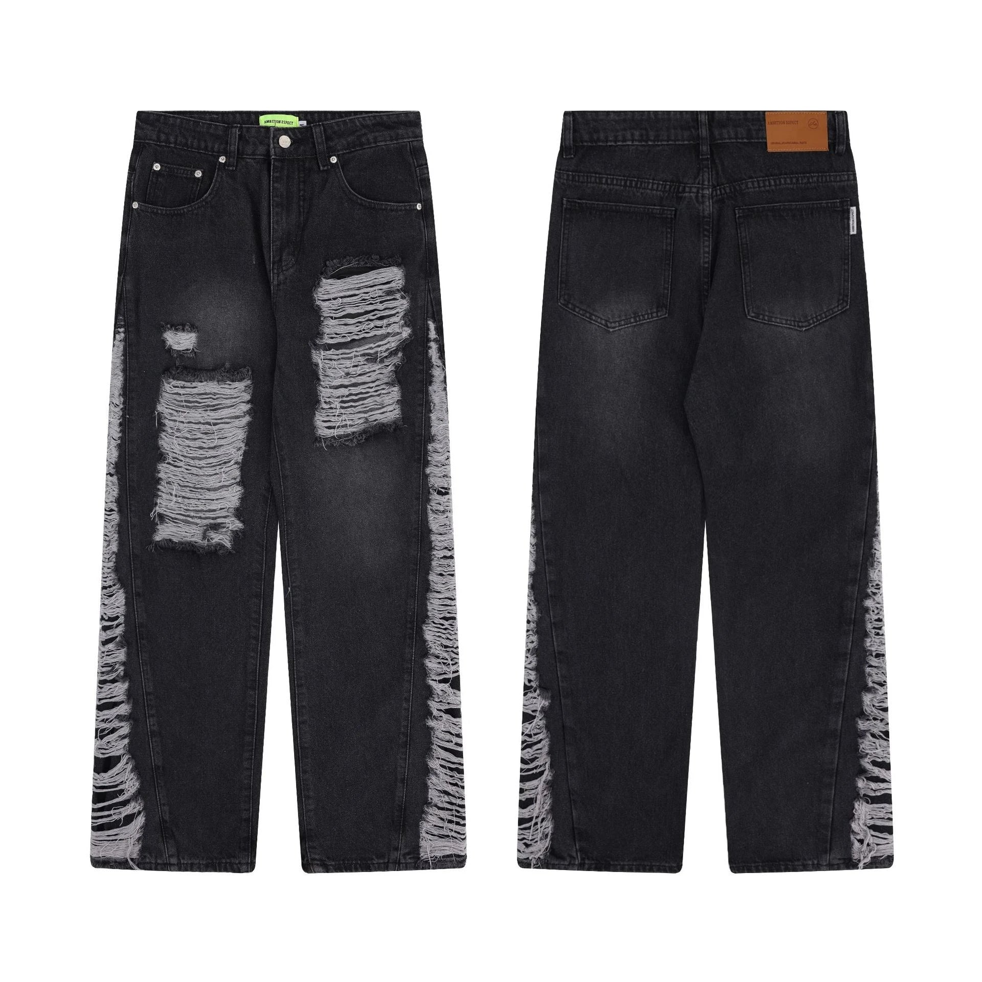 Premium loose fit distressed denim trousers for men and women, featuring a relaxed silhouette, high-quality cotton construction, and trendy distressed details.