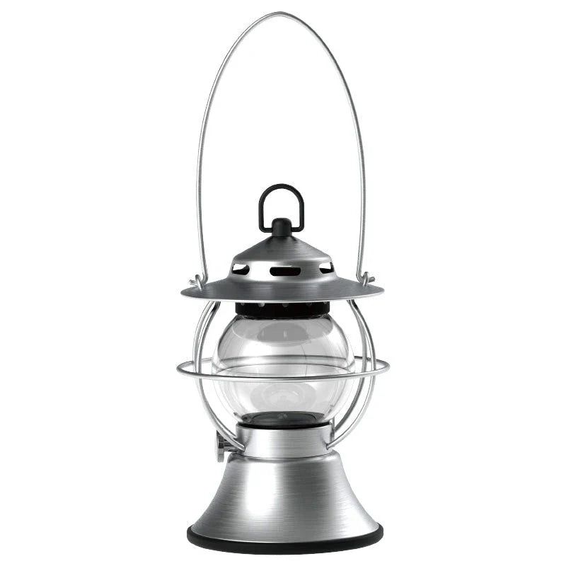 Rechargeable LED Retro Camping Lantern with adjustable light modes, 200-hour runtime, and built-in power bank for outdoor adventures