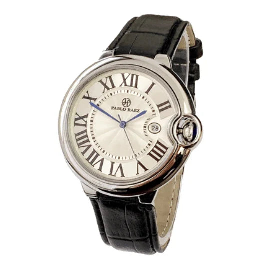 Stainless steel men's watch with large dial, calendar function, and adjustable band