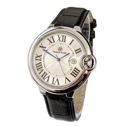 Stainless steel men's watch with large dial, calendar function, and adjustable band