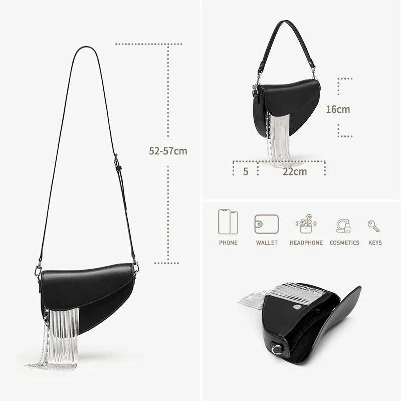 Premium leather crossbody saddle bag with stylish tassel detail, perfect for everyday use or formal occasions.