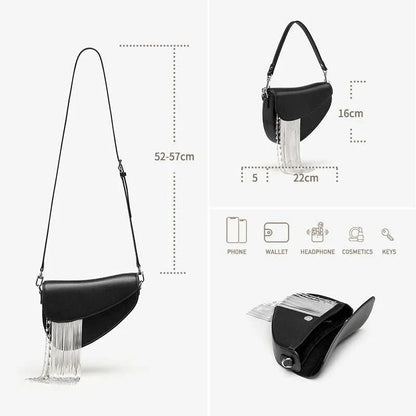 Premium leather crossbody saddle bag with stylish tassel detail, perfect for everyday use or formal occasions.