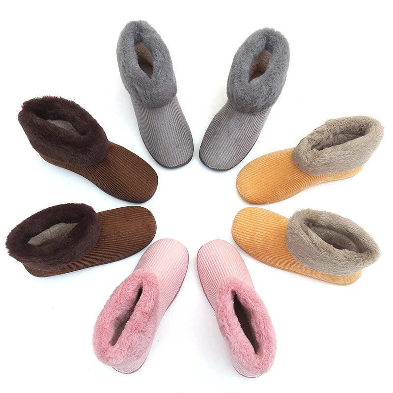 Cozy and durable plush snow boots in various colors, featuring a soft corduroy upper and reliable TPR sole for winter adventures.