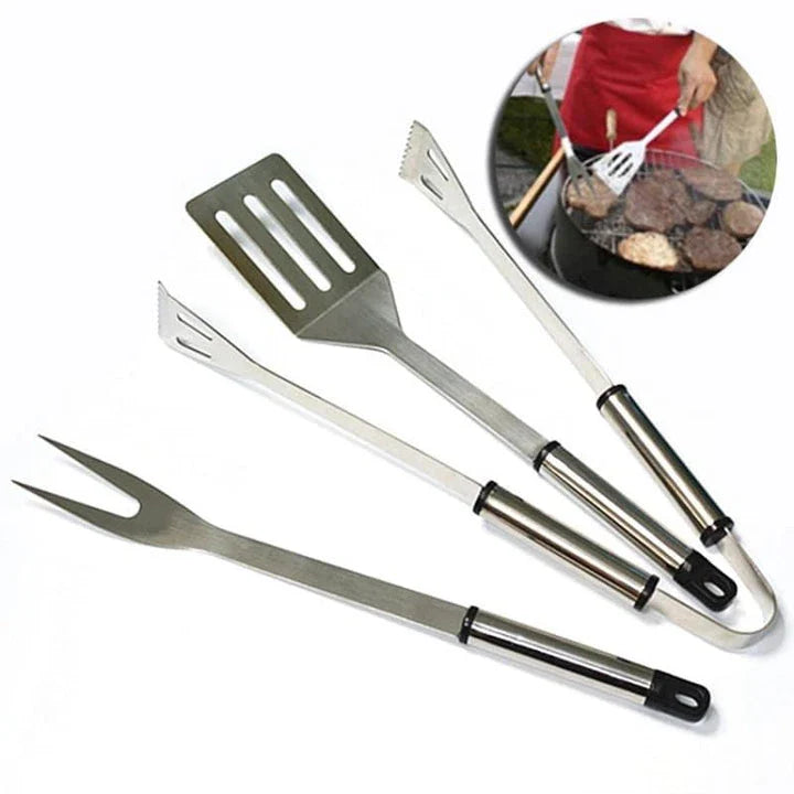 Stainless steel BBQ tool set with fork, tongs, and shovel for outdoor grilling and cooking